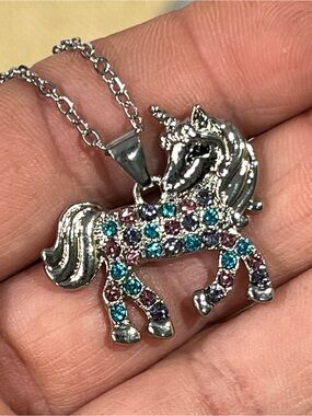 Silver Unicorn Pendant Necklace with Multicolor Crystal Accents